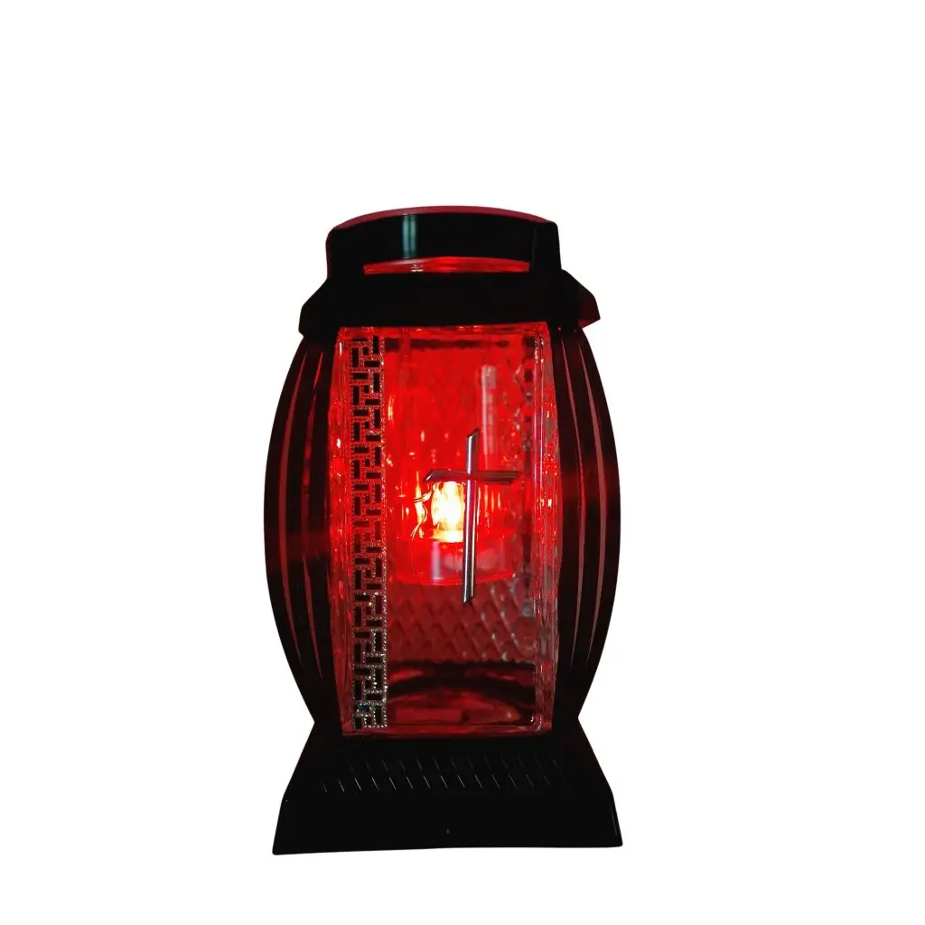 Znicz solarny kapliczka | LED | krzyż | czarny | czerwone światło | Elegancki