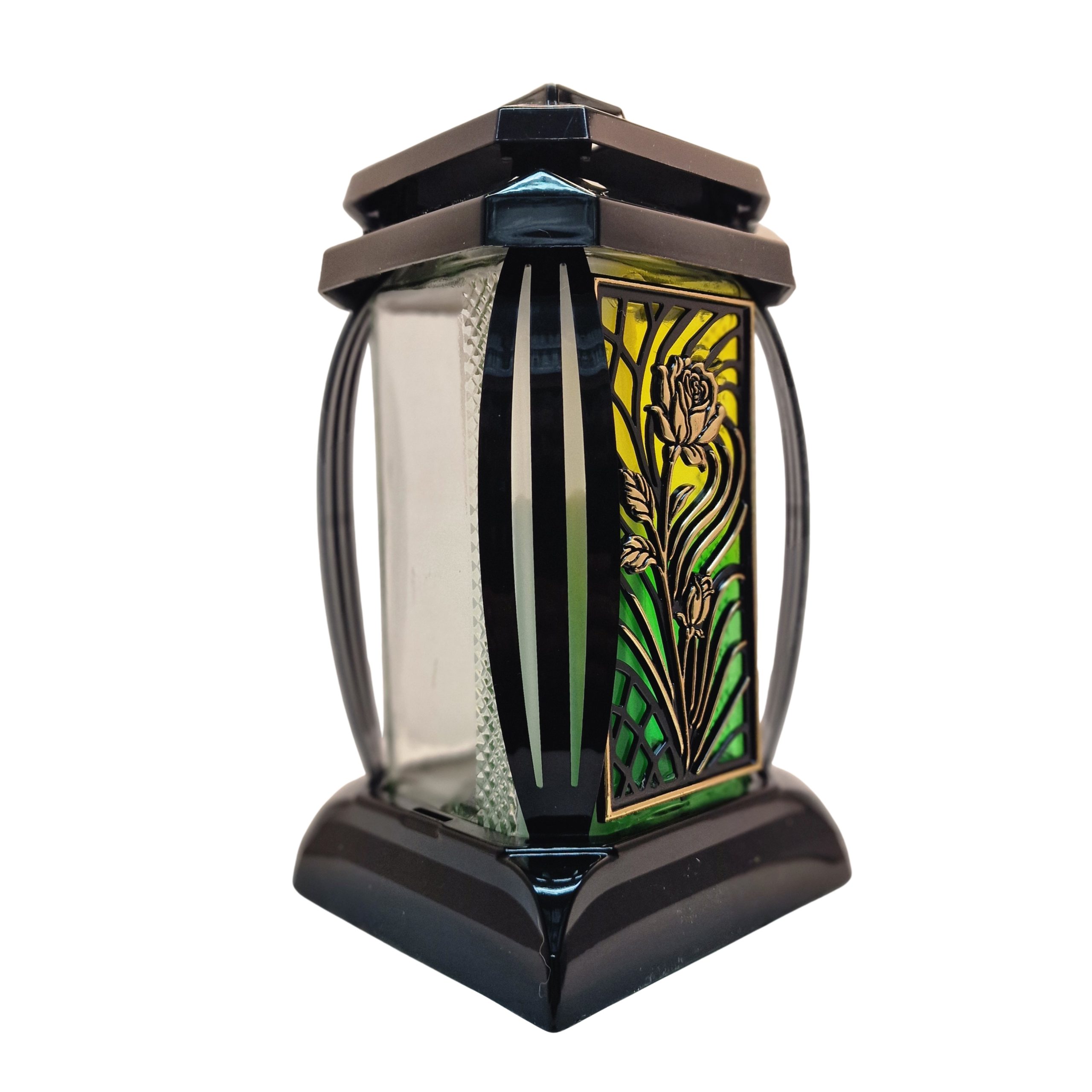 Znicz lampion kapliczka PRIMA1 | 24 cm | czarny | witraż róża zielony | ELEGANCKI - obrazek 2