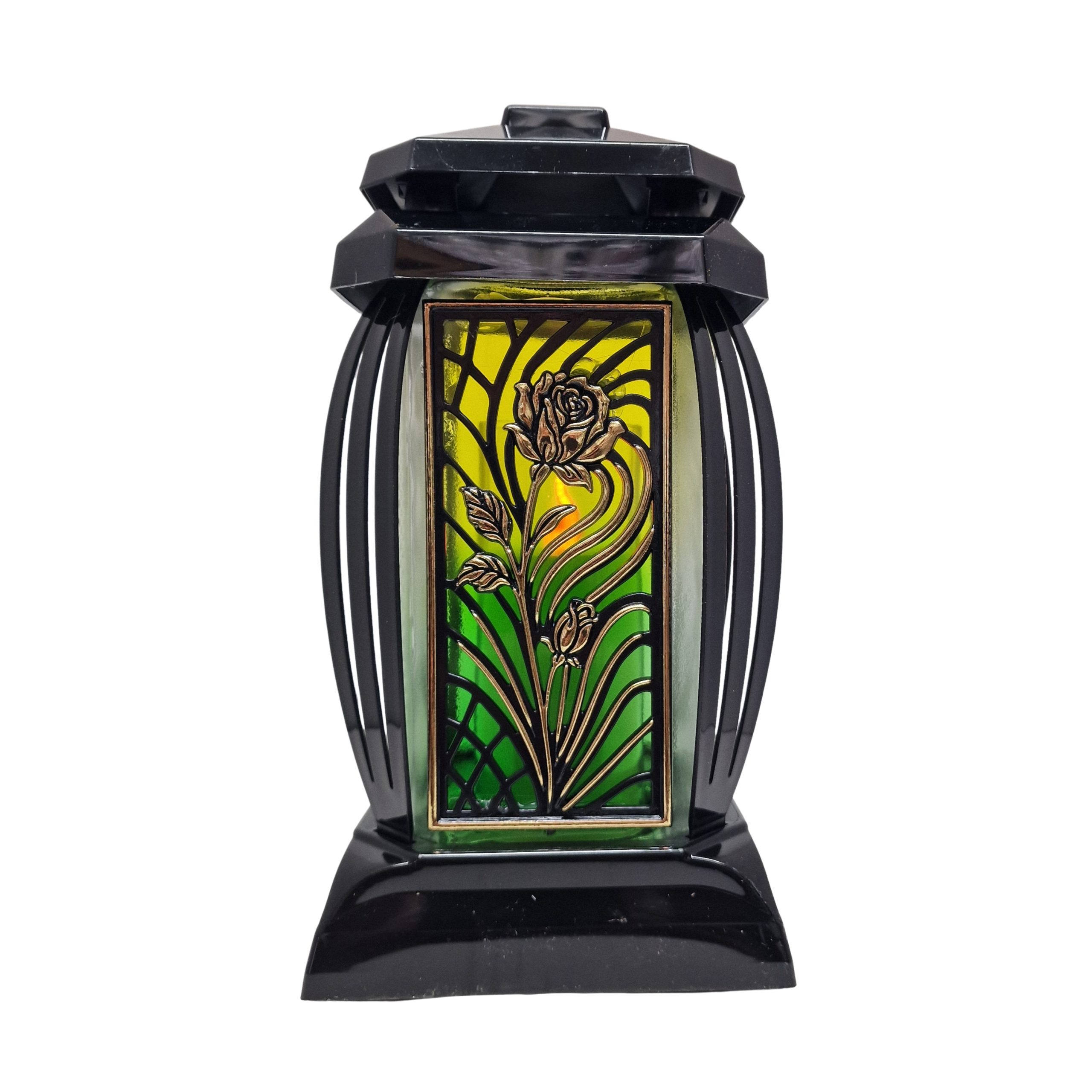 Znicz lampion kapliczka PRIMA1 | 24 cm | czarny | witraż róża zielony | ELEGANCKI