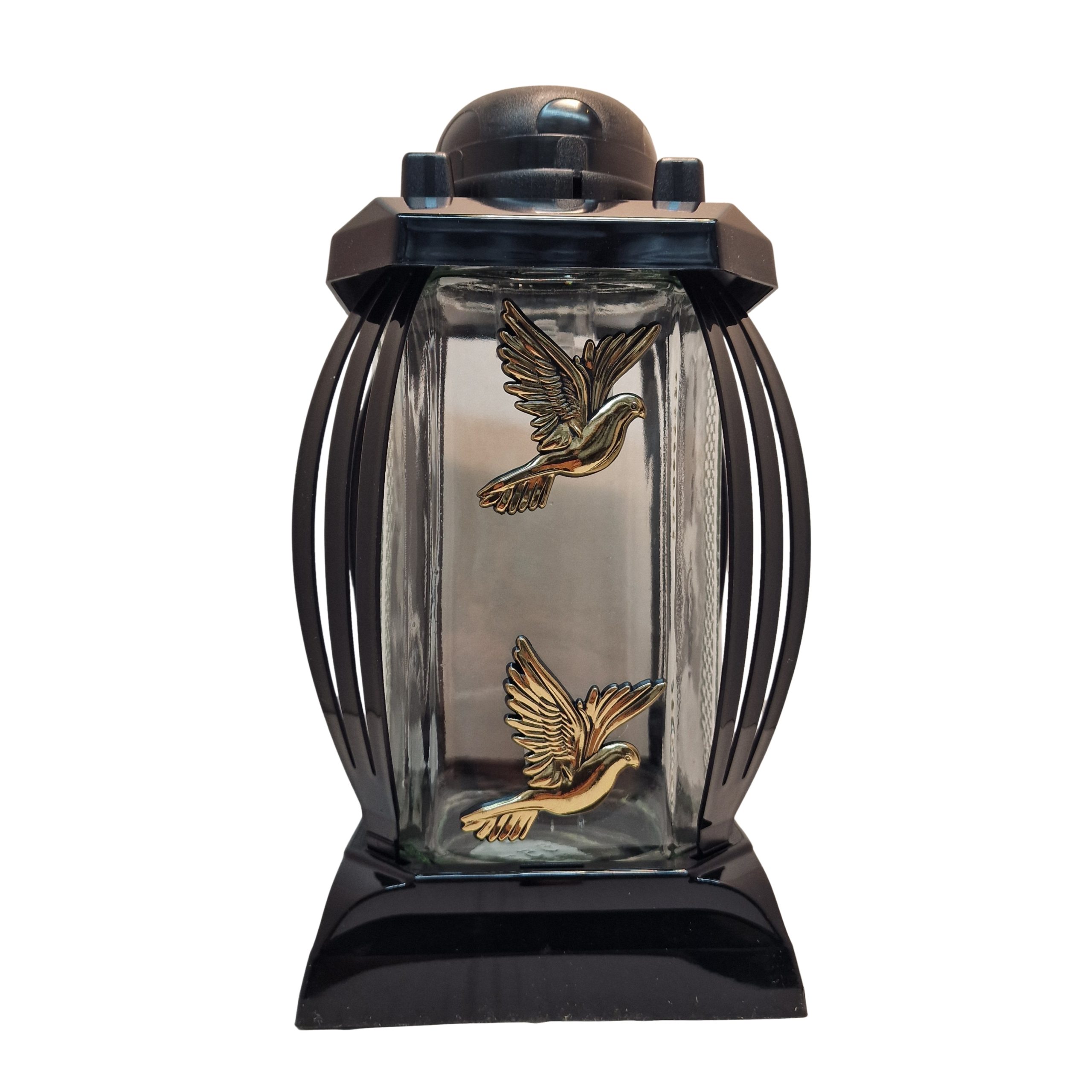 Znicz lampion solarny LED 24 cm PRIMA 1|czarny|złote gołąbki|kapliczka|