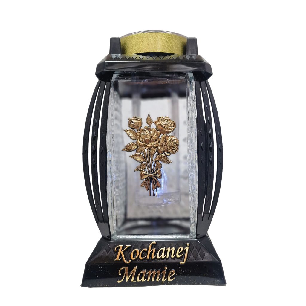 Znicz solarny kapliczka | LED | Kochanej Mamie | róże złote | czarny | elegancki