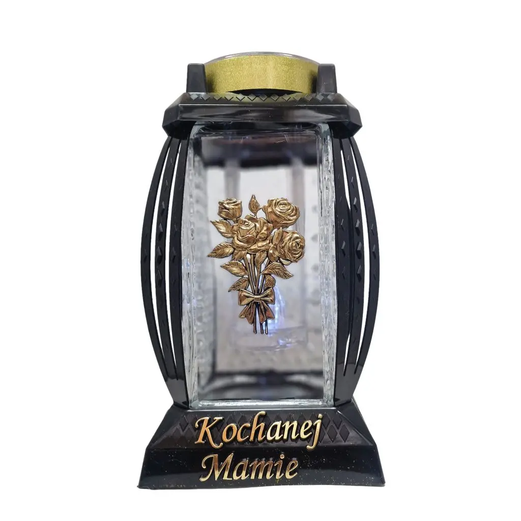 Znicz solarny kapliczka | LED | Kochanej Mamie | róże złote | czarny | elegancki