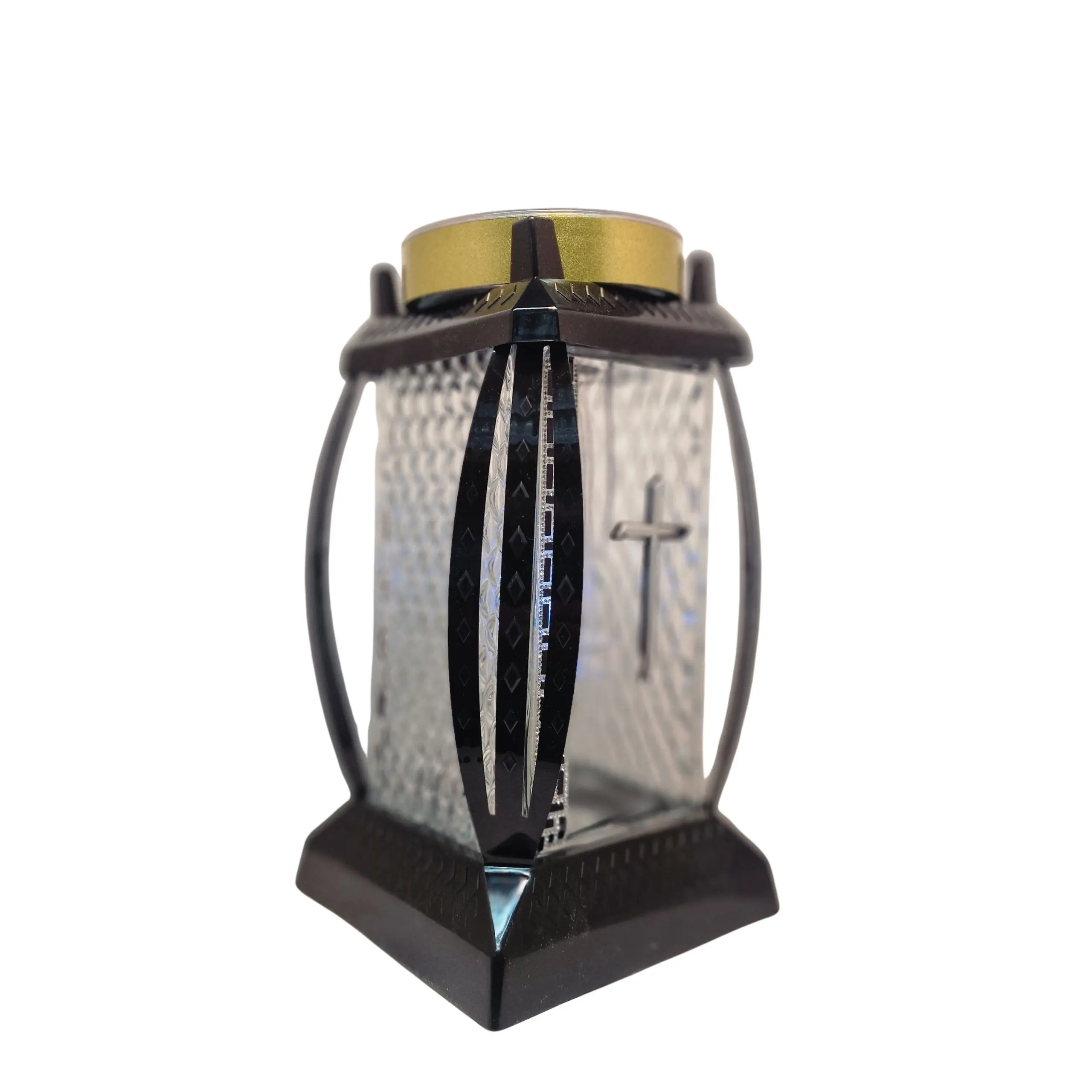 Znicz solarny kapliczka | LED | krzyż | czarny | złoty pasek | elegancki - obrazek 3
