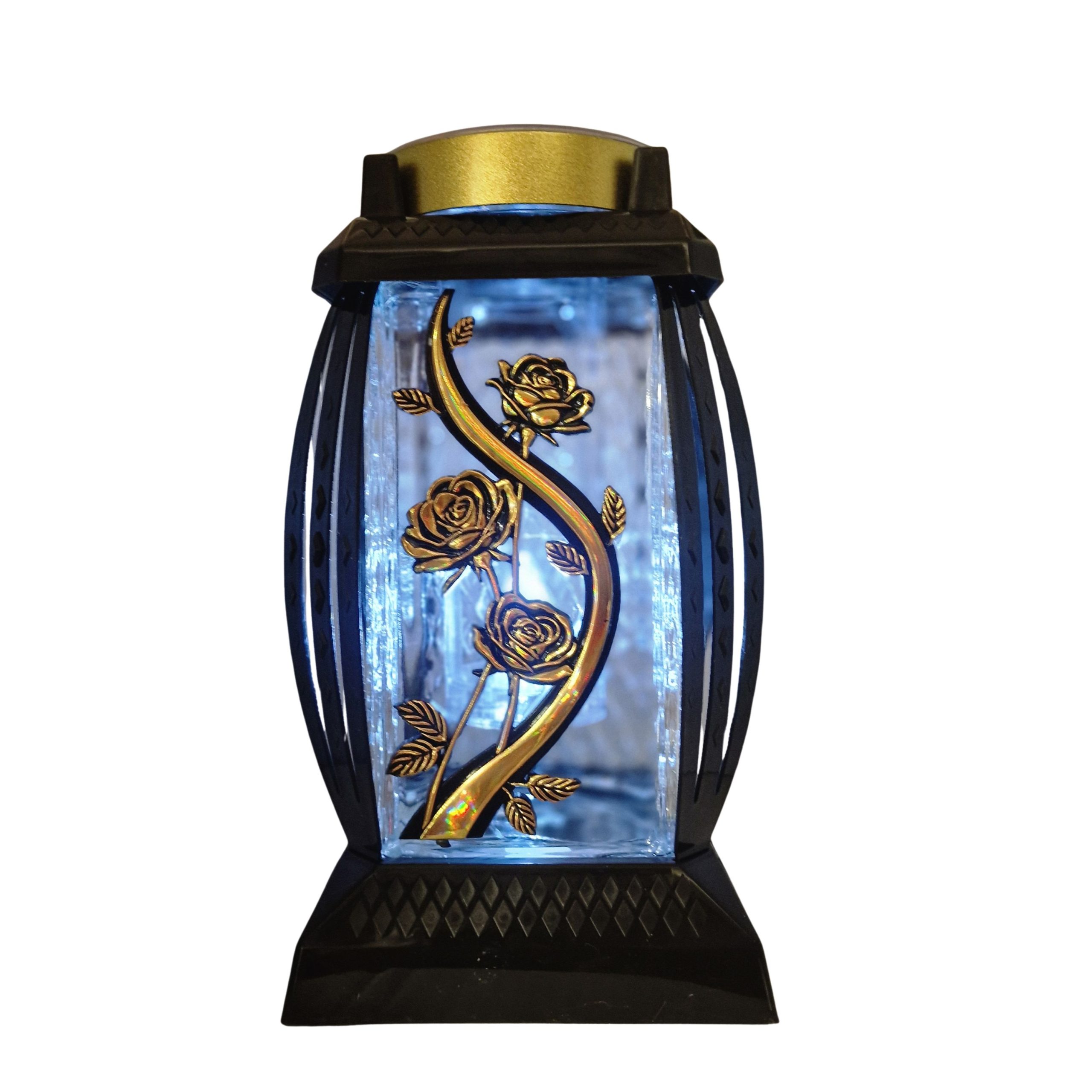 Znicz solarny kapliczka | LED | róża | czarny | białe światło | elegancki - obrazek 2