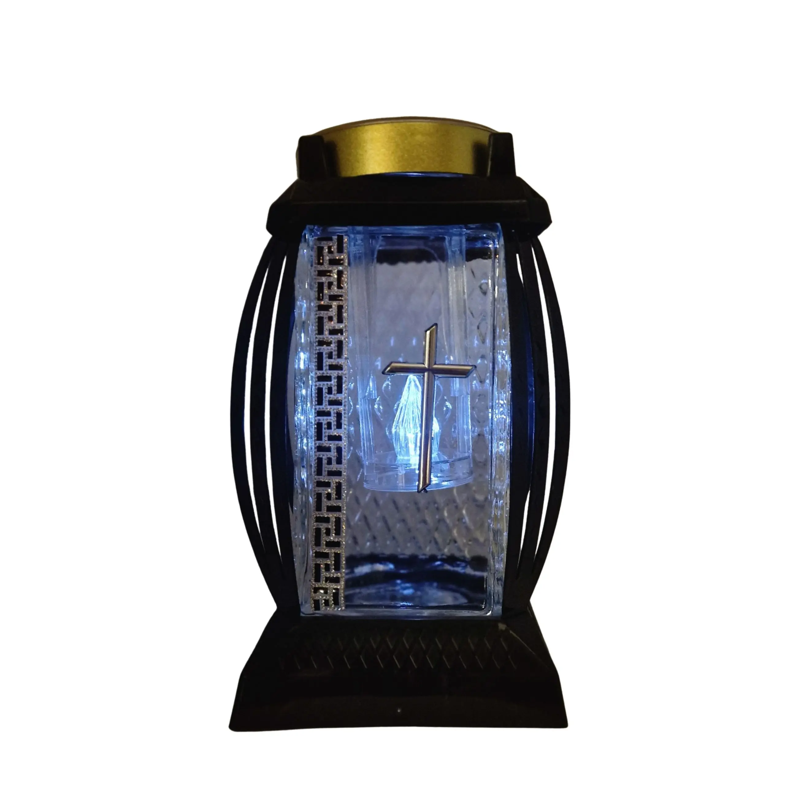 Znicz solarny kapliczka | LED | krzyż | czarny | złoty pasek | elegancki - obrazek 2