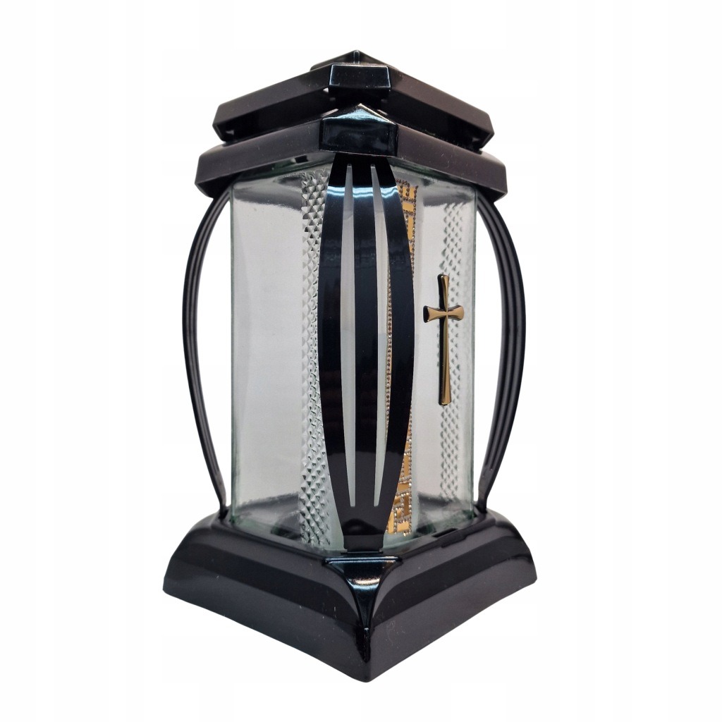 Znicz Czarny PRIMA 1 24 cm | Złoty Krzyż | Szklany | Elegancki Lampion - obrazek 2
