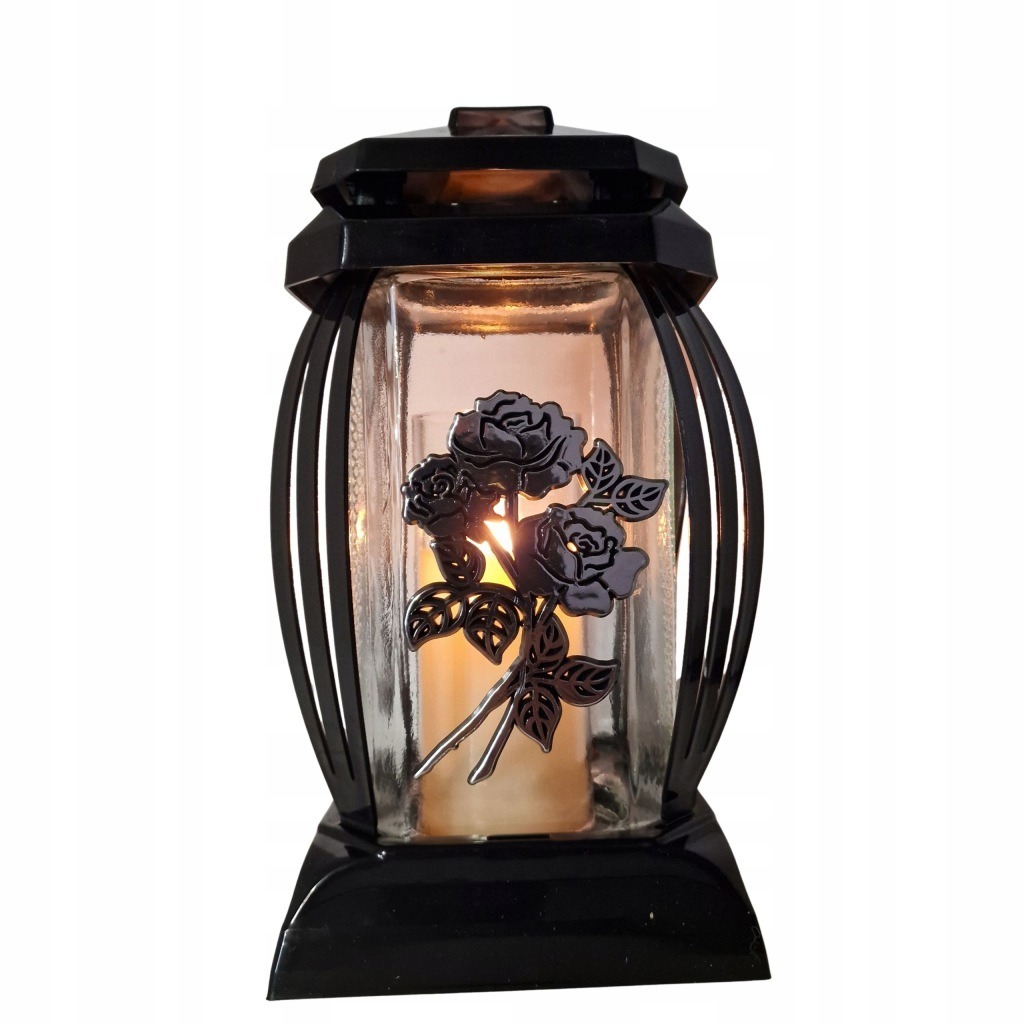Znicz Kapliczka PRIMA1 24 cm Czarny | Srebrne Róże 3D | Elegancki lampion - obrazek 3