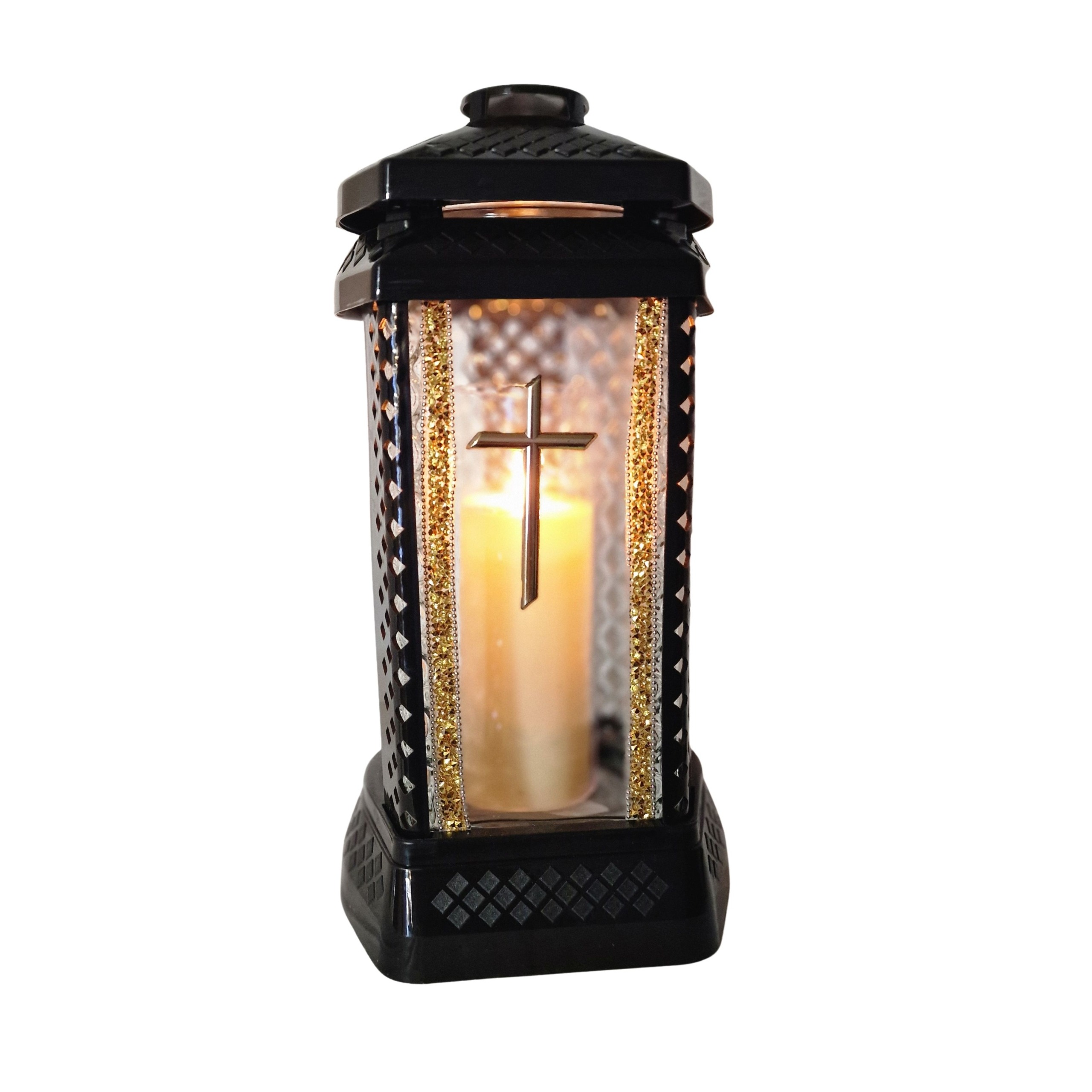 Znicz Lampion PRIMA DONNA Czarny z Krzyżem Złotym | Duży Elegancki - obrazek 4