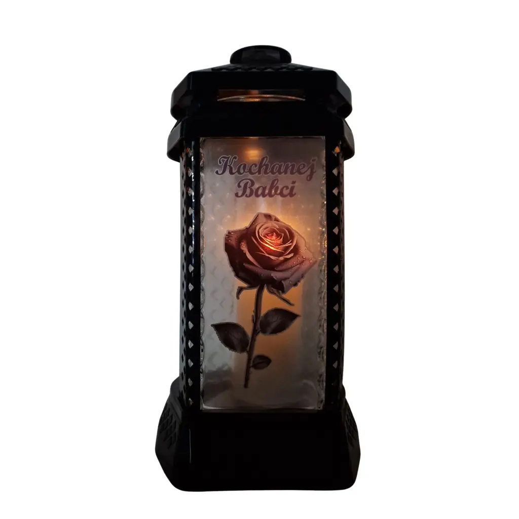 Znicz Lampion Szklany „Kochanej Babci” z Różą Czarny | Elegancki Lampion - obrazek 4
