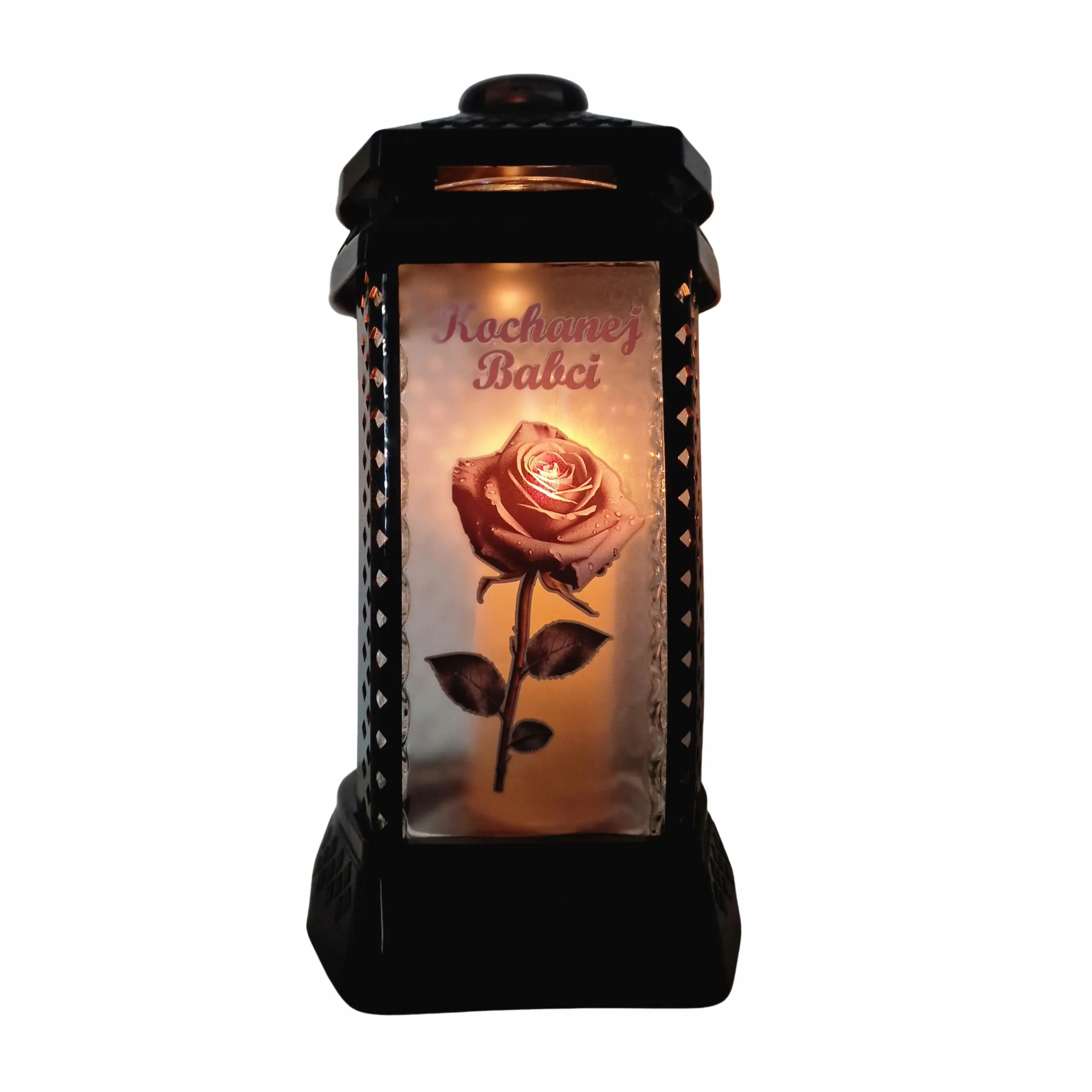 Znicz Lampion Szklany „Kochanej Babci” z Różą Czarny | Elegancki Lampion - obrazek 5